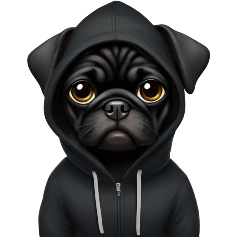 Black pug wearing a black hoodie emoji