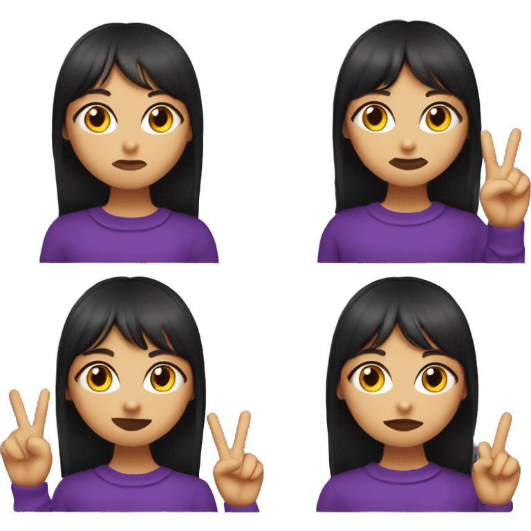 olive skinned girl with a purple sweater, black long hair witj bangs. holding a peace sign with her right hand. and doing the duck lips emoji