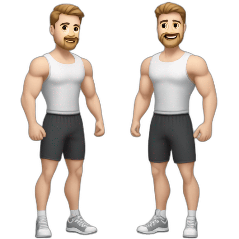 Full height Actively gesturing with hands Pale skinned Fit Man With the biceps and brown hair in dark gray Sleeveless Mike, black oversize sports shorts, watch and white Sneakers emoji