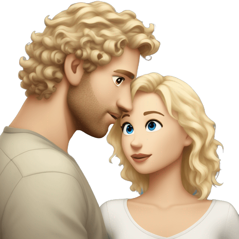 White man with scruff with brunette curly wavy hair blue eyes kissing white pretty blonde girl with hazel eyes and blonde layered hair emoji