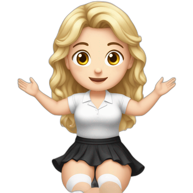 Front view full body curvy caucasian beauty sitting straight hands up black skirt white knickers white socks emoji