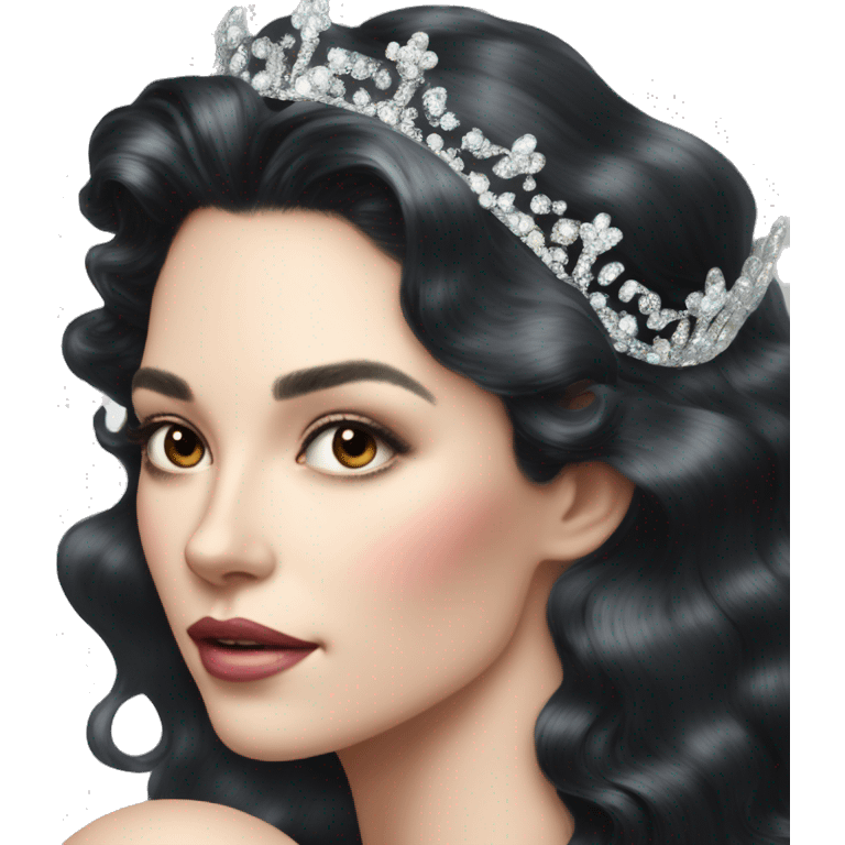 Regal pretty woman photograph defined cheekbones crown vintage with very long iridescent black and silver hair wavy black hair pearl crown iridescent emoji