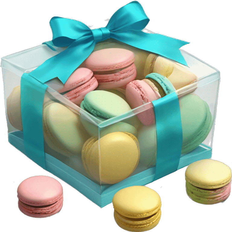 Realistic transparent plastic box with a tiffand blue ribbon and bow around the box and pastel macarons inside of it. emoji