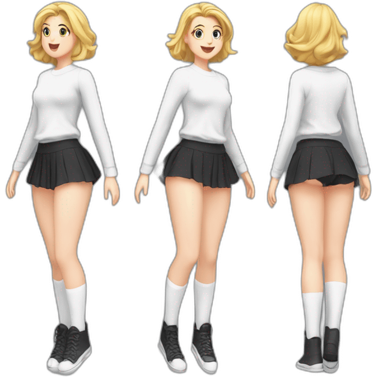 alistic-full-body-caucasian-curvy-beauty-jumping-short-black-skirt-back-and-front-views-strong-wind-white knickers-long-white-socks emoji