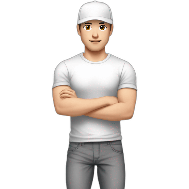 Pale skinned fit Man with dark brown hair in a white cap, gray jeans and gray polo T-shirt keeping a pasted with tape white box into his hands emoji