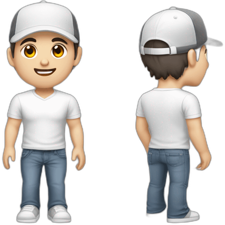 Pale skinned fit Man with dark brown hair in a white cap, gray jeans and gray polo T-shirt keeping a pasted with tape box into his hands emoji