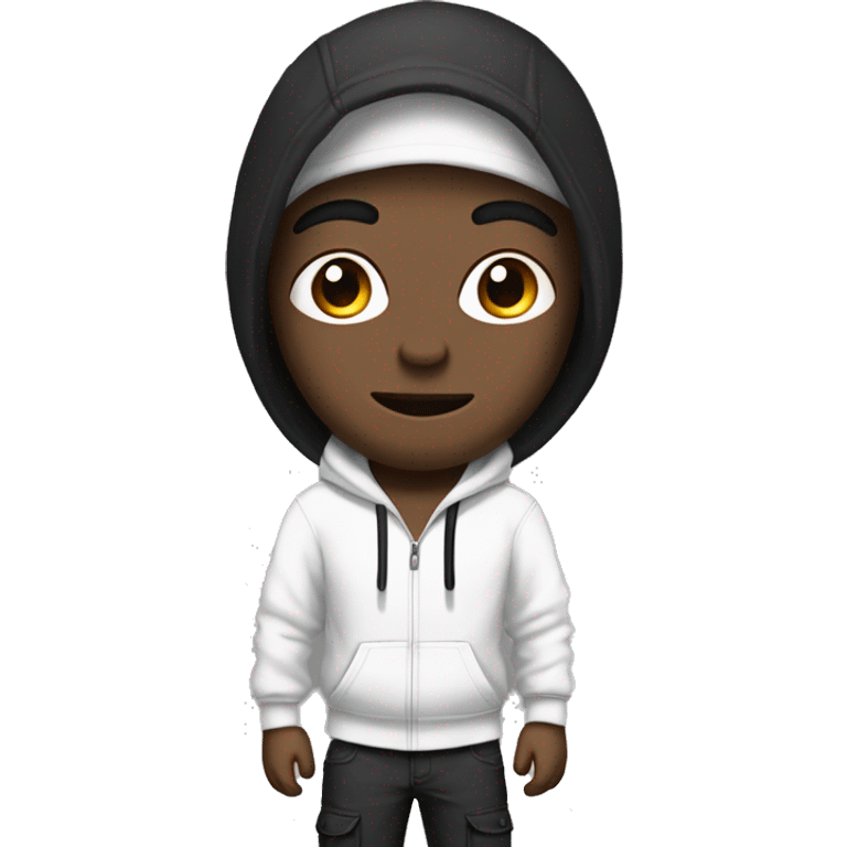 Guy with short straight black hair, wearing a white hoodie and black cargo pants, black and white sneakers, ape emoji