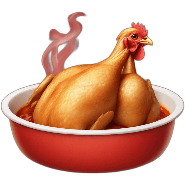 a perfectly cooked chicken in a red dish, smoking because it's hot. emoji