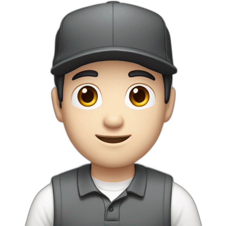 Pale skinned Man with black hair in a white cap and dark gray polo T-shirt with a box into his hands emoji