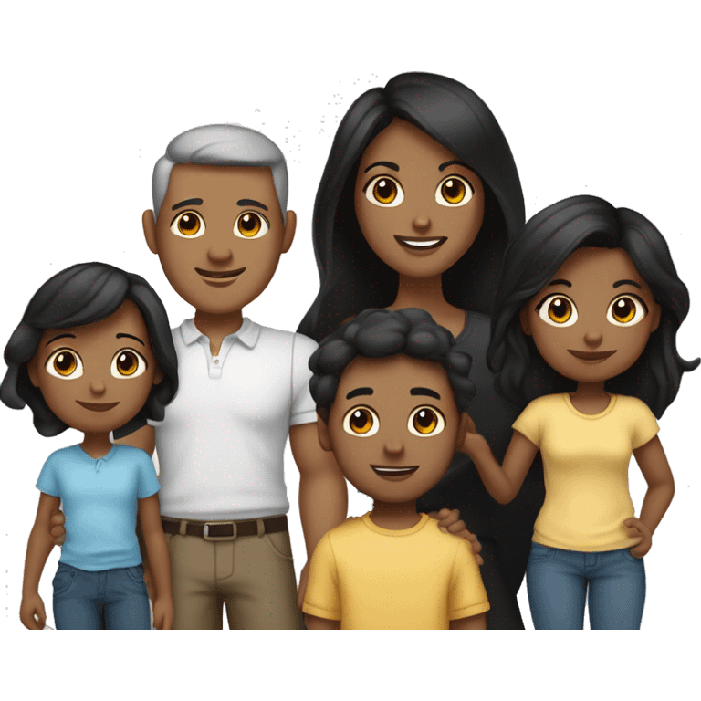 family of 6, 1 mom brown skin with black hair, 1 dad white , 1 older brother fair skin with long black hair, 1 sister, brown skin with long black hair, 1 little boy with fair skin and brown hair and 1 baby boy with fair skin brown hair emoji