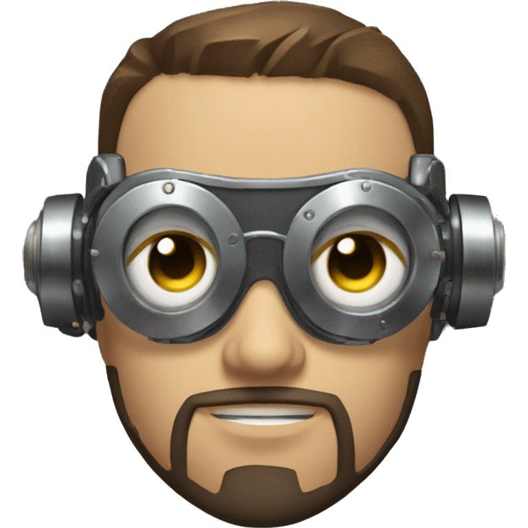 male cyborg head with brown short hair, brown beard, silver steampunk goggles and circuits emoji