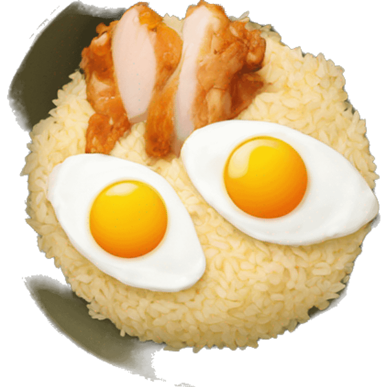 a bowl of rice with two eggs and chicken thigh emoji