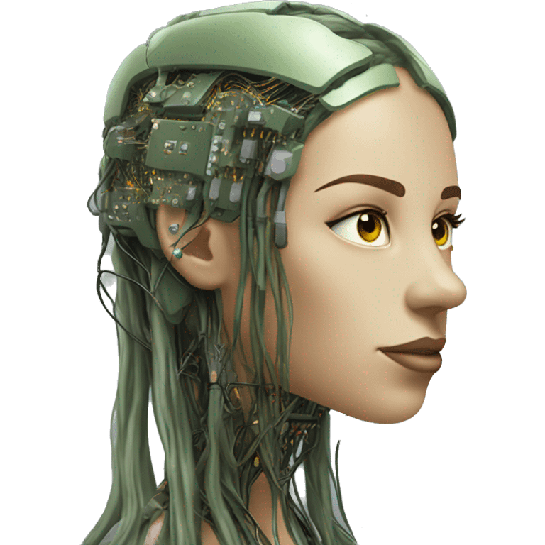 Olive green long hair female cyborg head with circuits emoji