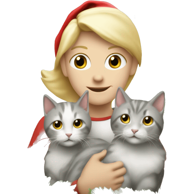 Blond kid with two white and grey Sibirien cats under a Christmas tree emoji