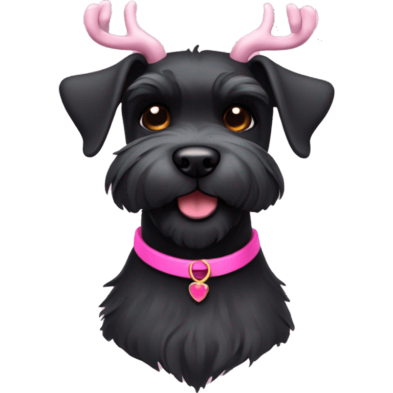 Black mini schnauzer with pink collar and antlers emoji