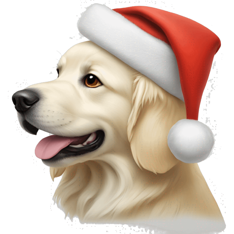 White golden retriever wearing Christmas hat emoji