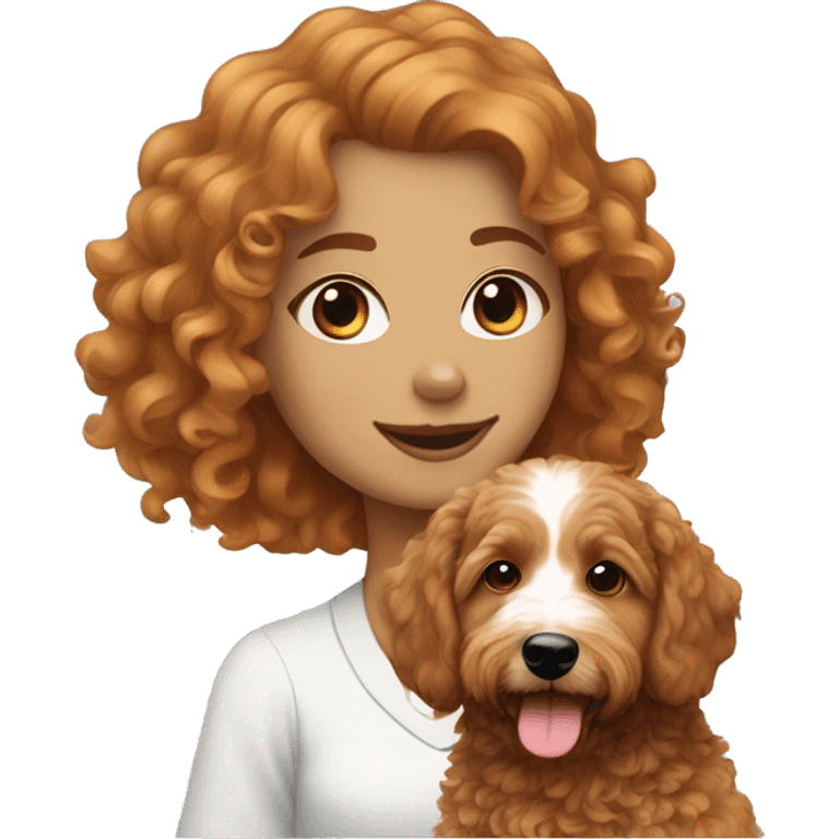 Curly haired strawberry blonde female with a bernedoodle emoji