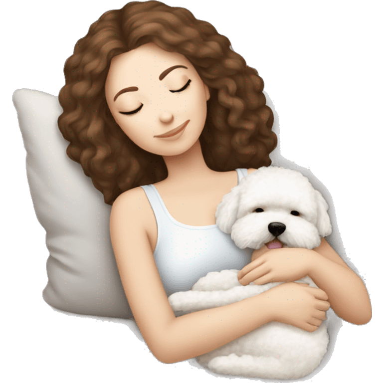 White girl brown hair sleeping with Mini Bichon emoji