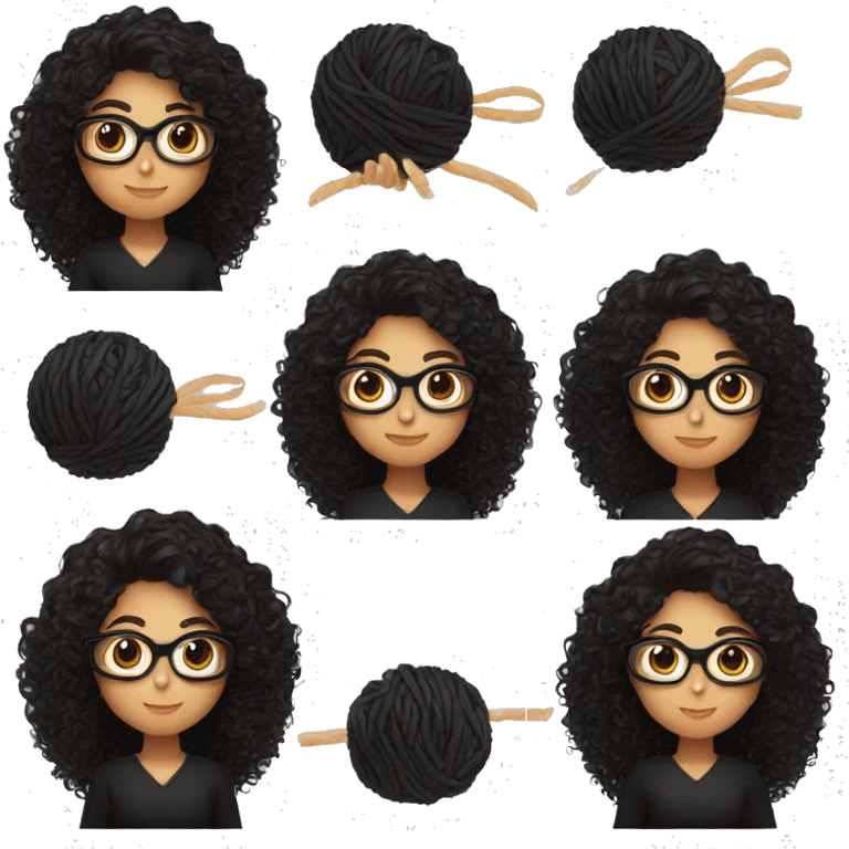 pretty Hispanic woman that has long brown curly hair holding one ball of yarn with both arms wearing a black shirt and black glasses emoji