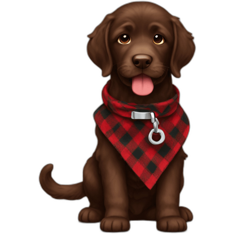 A chocolate colored doodle with a red and black flannel handkerchief holding his leash in his mouth emoji