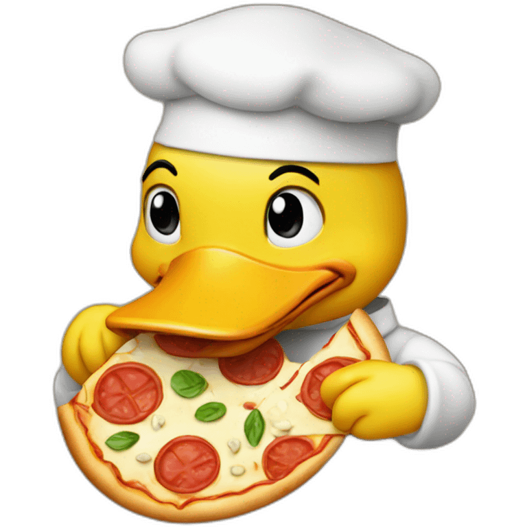 yellow duck frontal face holding pizza emoji