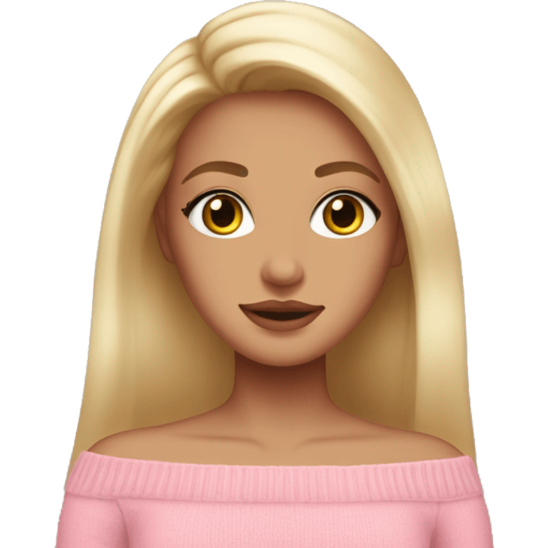 blonde girl with brown eyes, smooth skin, pink off shoulder sweater, long blow out hair emoji