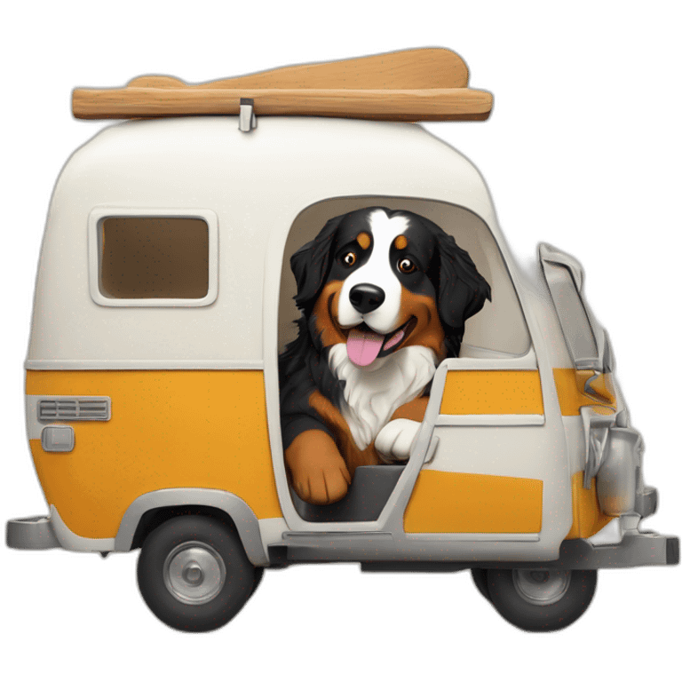 bernese mountain dog driving camper and wood-fire emoji