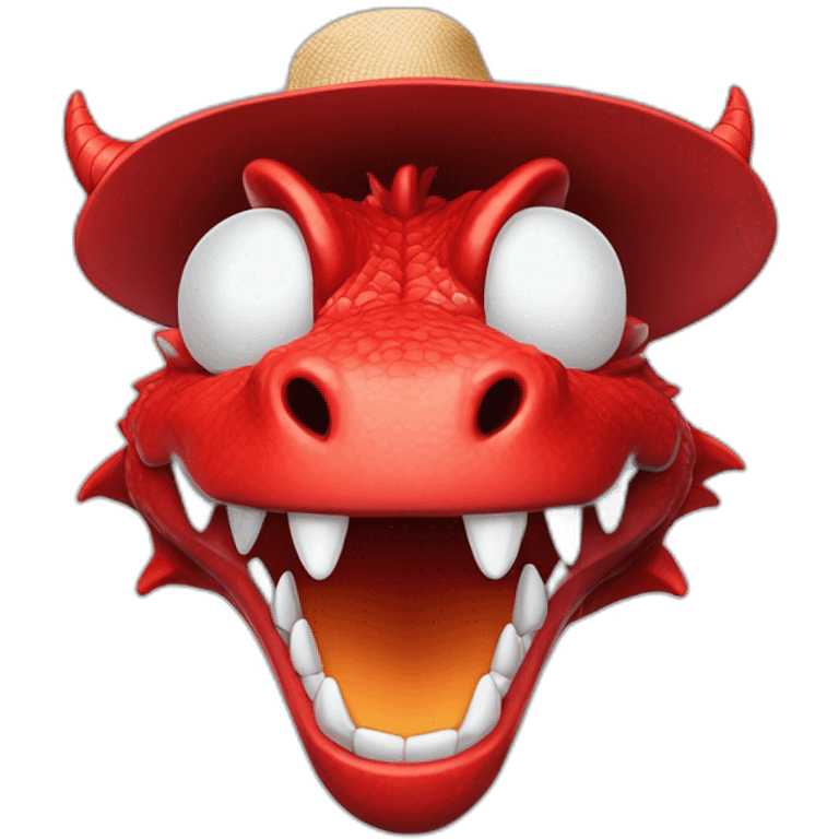 Crazy funny red dragon head with human white teeth and beautiful smile wearing glasses and hat emoji