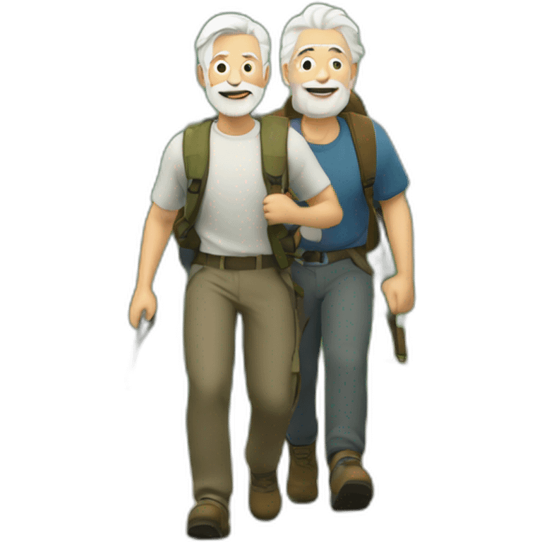 Older men with white hair and younger man with brown hair and a beard hiking up a hill emoji