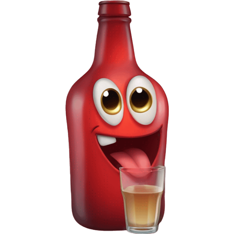 A red heart ❤️ with eyes, a mouth, and hands, looking drunk and tipsy, holding a bottle of drink, with a wobbly and goofy expression emoji