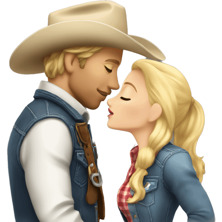 a short blonde cowgirl kissing the cheek of a tall blonde cowboy emoji