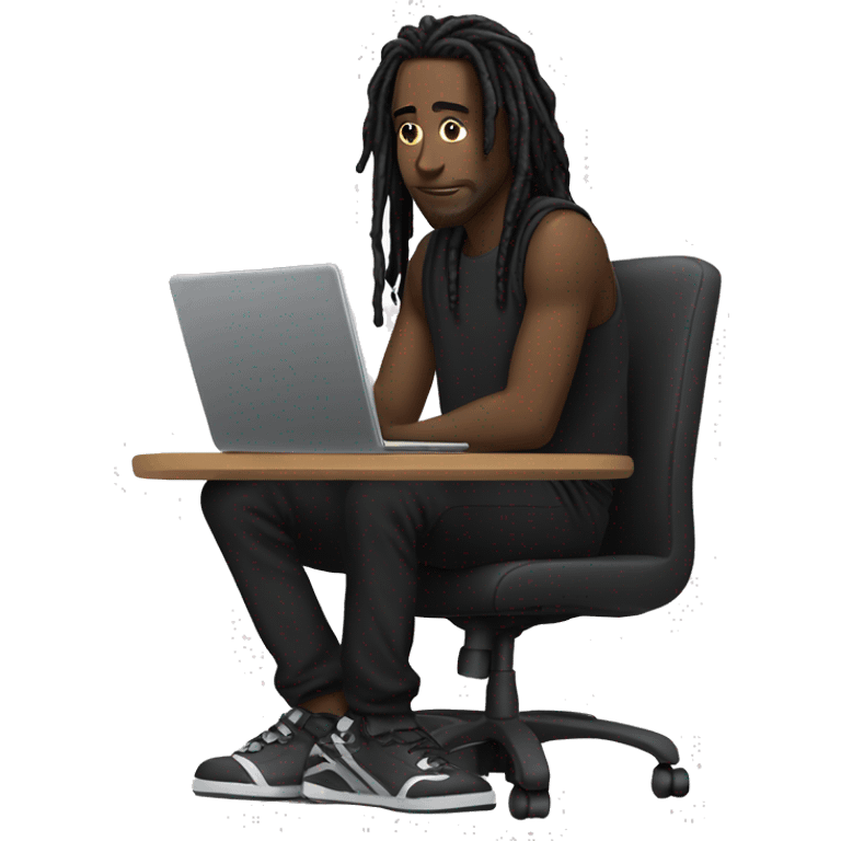 Black-guy-with-dreads-wearing-black-trackstuit-sitting-down-on-chair facing-foward-focused-on-laptop-computer- emoji