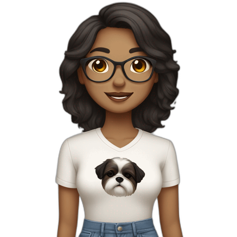 black haired woman wearing a shirt SAYING "BINDU "with light skin and a smiling shih tzu wearing a shirt saying "BROWNIE" emoji