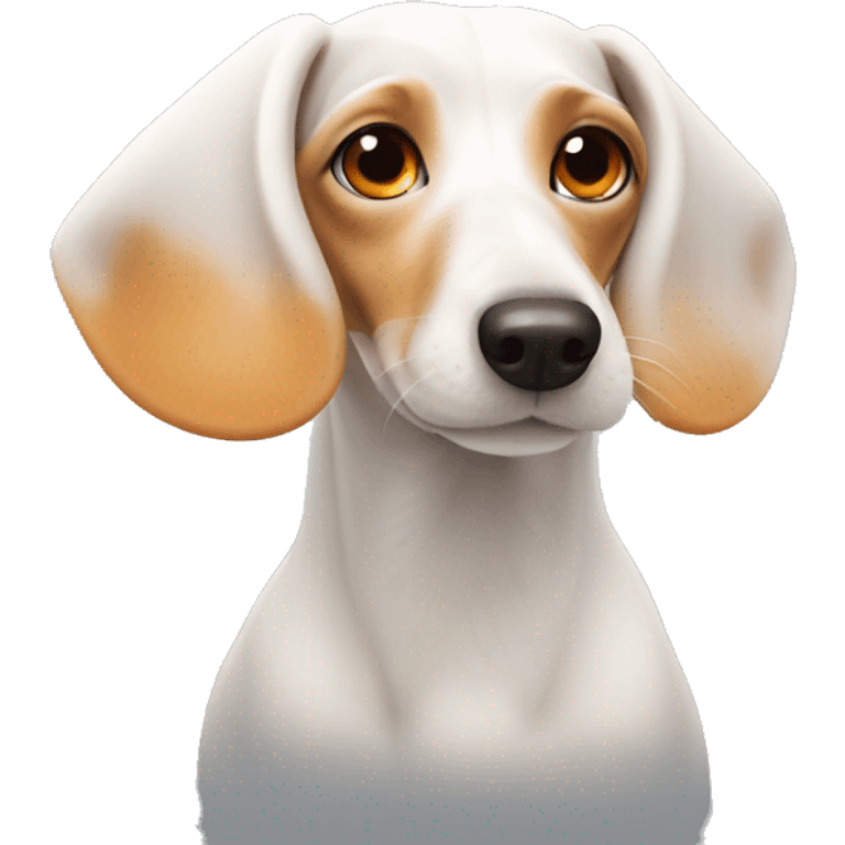 White dachshund with orange fur around her eyes and ears like a beagle  emoji