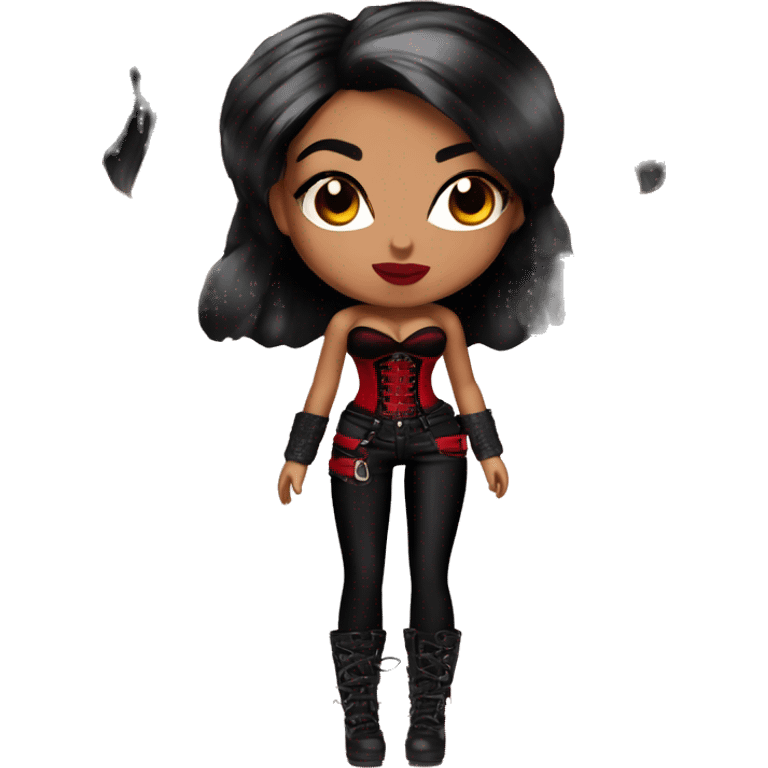 Bratz doll with grills dressed in black and red corset top with black and red highlight hair and dramatic edges emoji