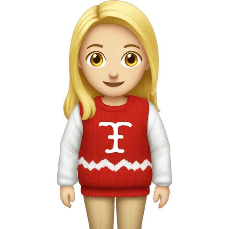 Blond girl with a red sweater that says IHM on it emoji