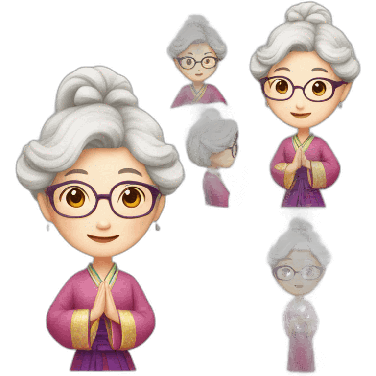 Chinese seniors lady wear glasses has wavy long hair wear Chinese traditional dress show appreciation sign emoji