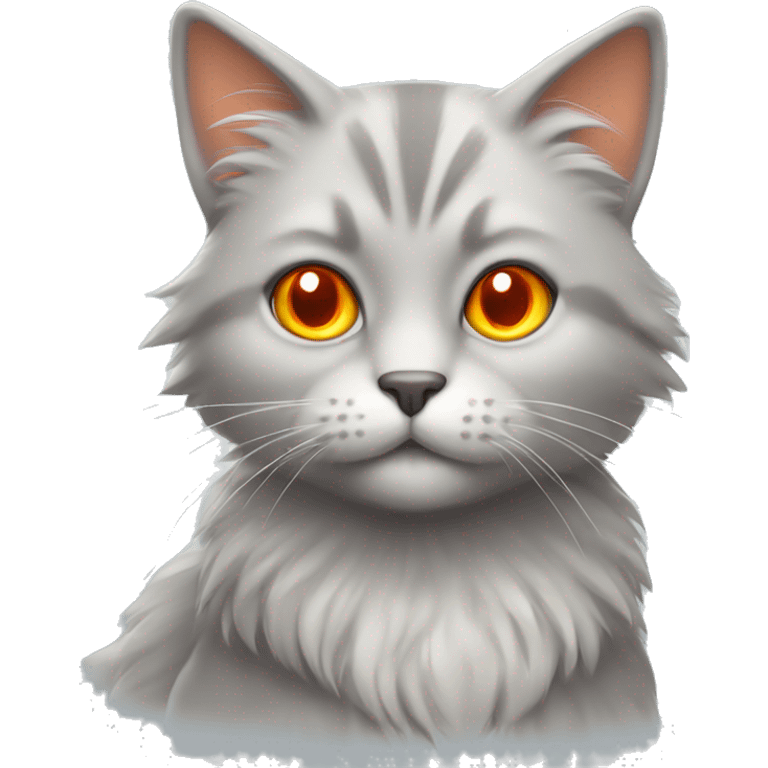 Light grey fluffy cat with orange eyes standing emoji