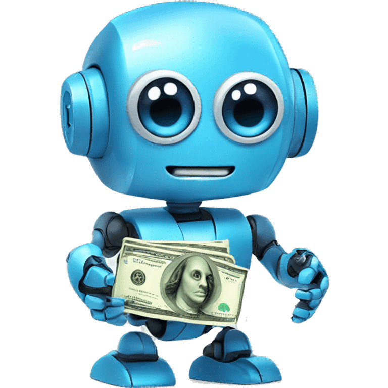 cute blue big-eyed robot holding money emoji