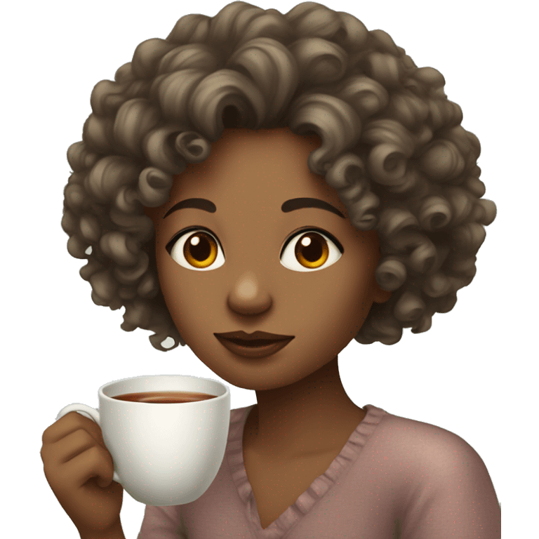 Medium toned Girl with curly hair sipping tea emoji