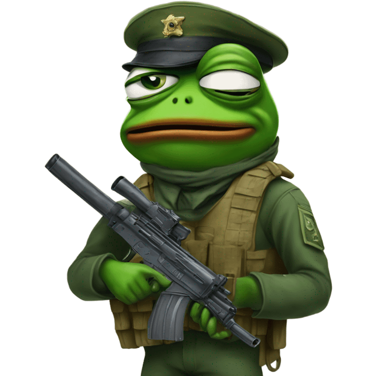 pepe le frog with soldier gear and a gun looking traumatized  emoji