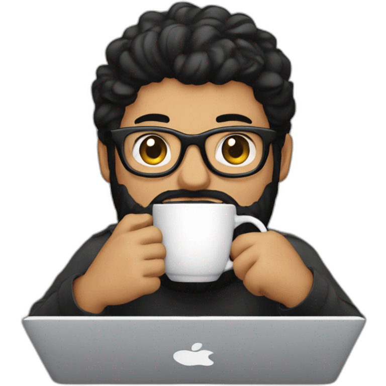 Designer with black hair, beard and glasses working with MacBook and drinking cappuccino  emoji