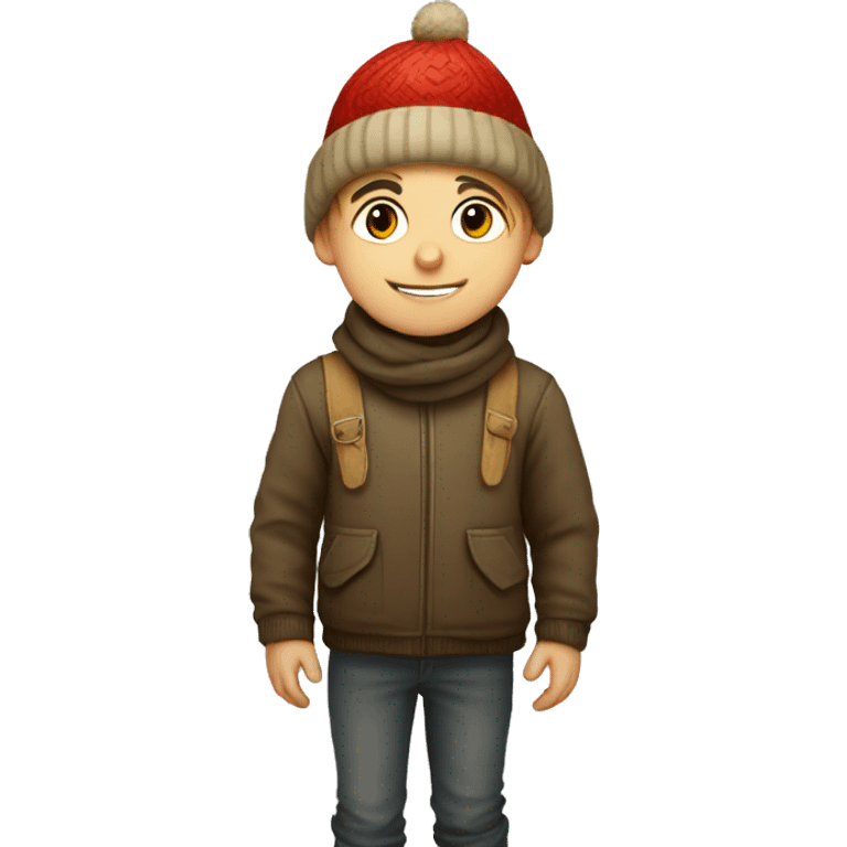 German boy going christmas shopping, buying a lot of gifts, wearing warm clothes and a christmas hat emoji