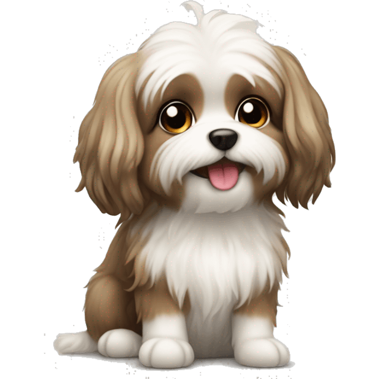 The image shows a cute illustration of a small fluffy dog ​​. Maltipu . sitting on her paws emoji