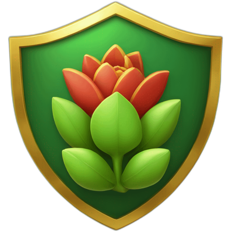 green shield with a gold border and a sprouting gold and red succulent at the centre emoji