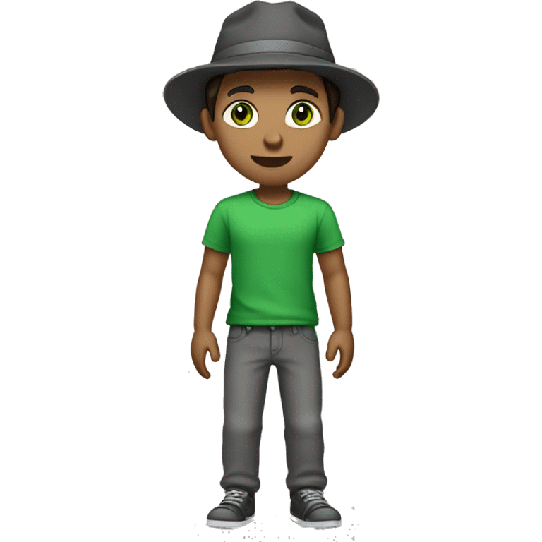 White boy with dark brown hair with a hat on with his hair hanging out with green eyes and grey shirt and dark grey pants  emoji