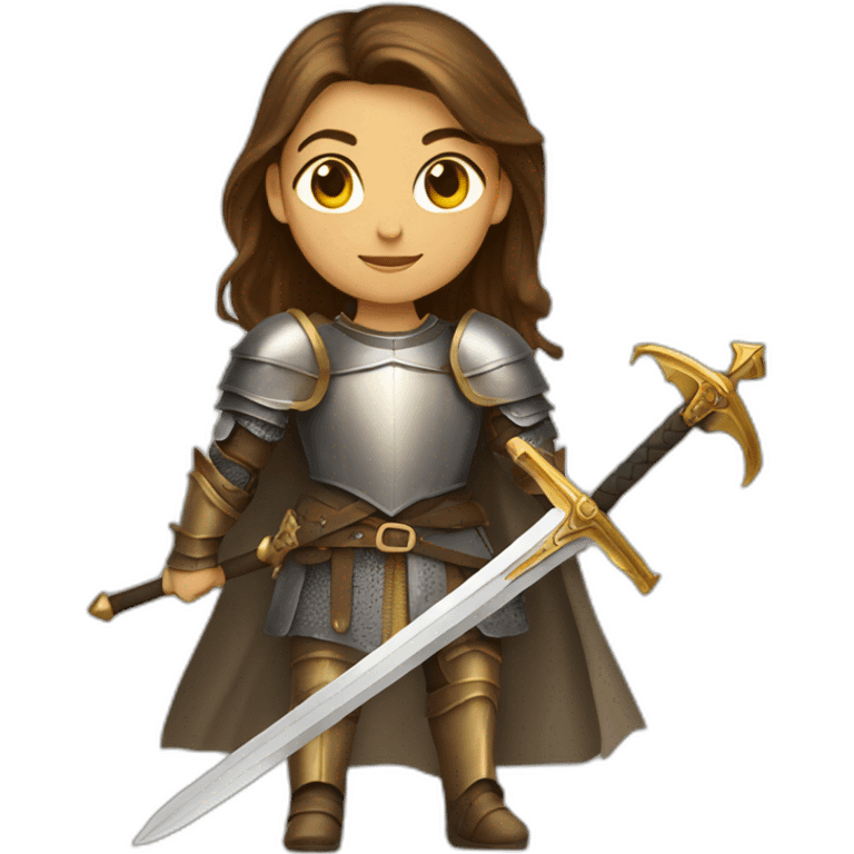 knight woman long brown hair golden eyes tan skin holding a sword emoji