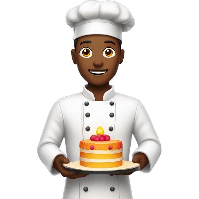 A pastry chef with a bright colored light holds a cake with three tiers in one hand emoji