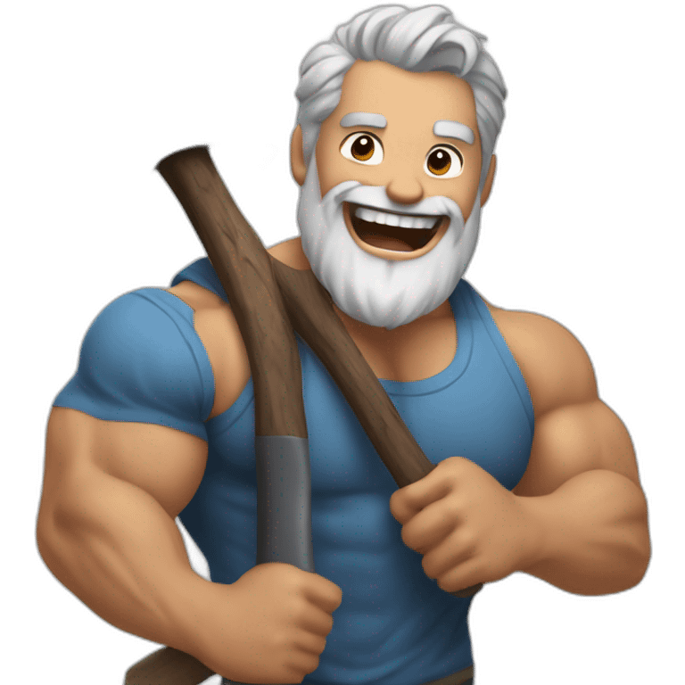 A stern bearded man, gray hair in dark hair, a bodybuilder, Holding an axe in his hands, Laughing loudly emoji