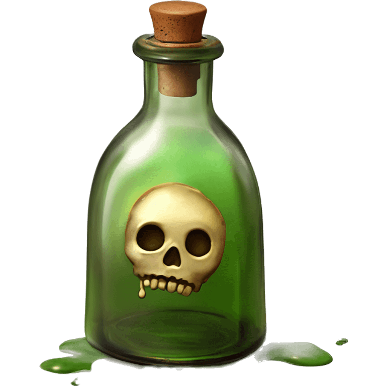 Mysterious Alchemical vintage glass potion bottle, exquisite bottle shape, old and shabby, with label, stylish and minimalistic, brown and shabby-green, oil potion is poured out of the bottle, herbal, flowers and oil is spilled next to it emoji